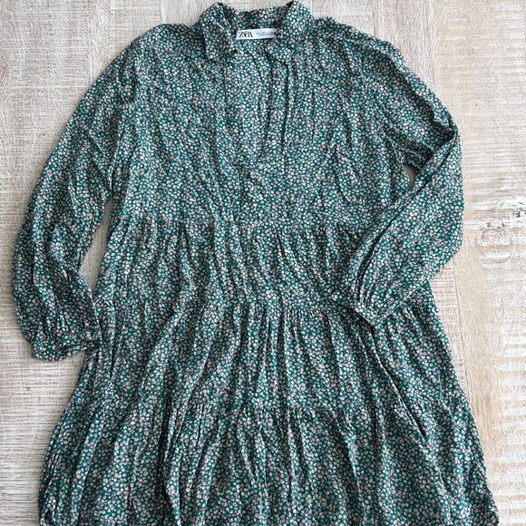 Zara Green Floral A-Line Mini V-Neck Collared Dress Long Sleeves Size Large - Picture 1 of 8